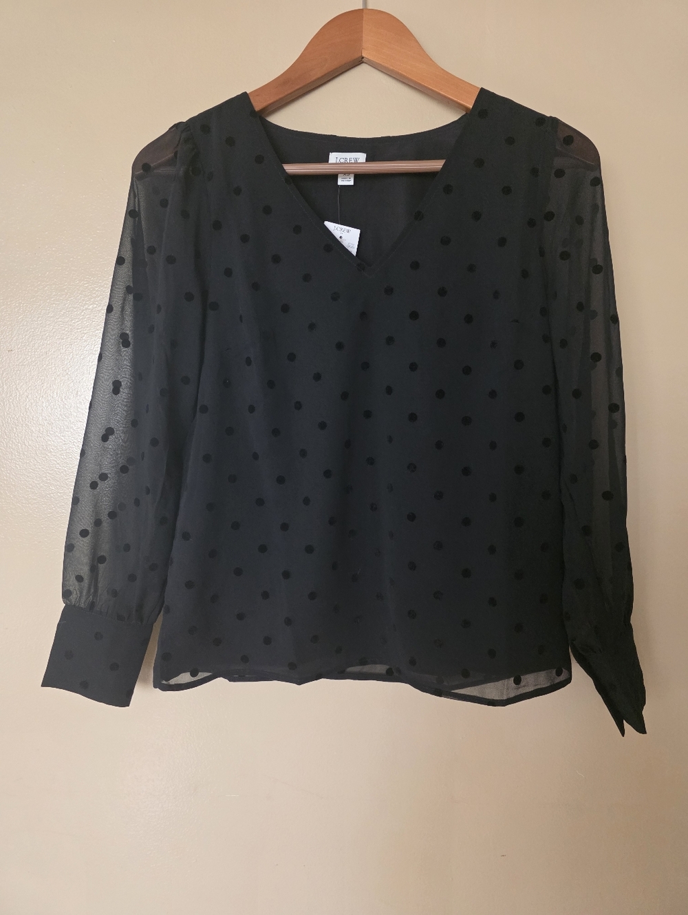 J Crew Black Chiffon Dotted V-neck Blouse Top XS Sheer Office Preppy Careerwear